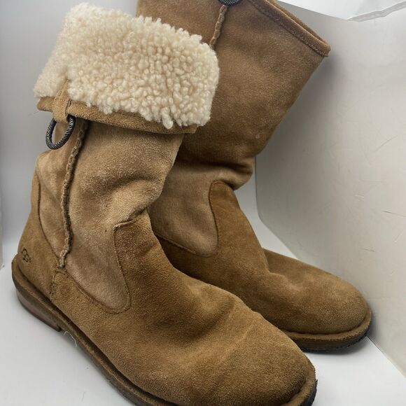Ugg Daphne Fold Down Womens Tan Suede Shearling Boot Sz 7.5 Mid Calf Or Ankle - Picture 1 of 7